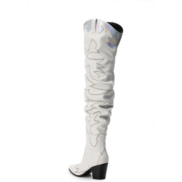 Women White Faux Suede Over The Knee Thigh High Western Pointed Toe Boots - Picture 3 of 7